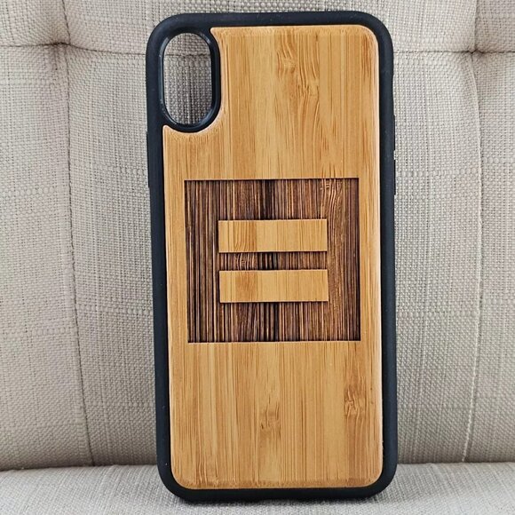 Real Wood Phone Case Tan Bamboo Back Case for iPhone X EQUALITY SIGN Graved - Picture 1 of 10